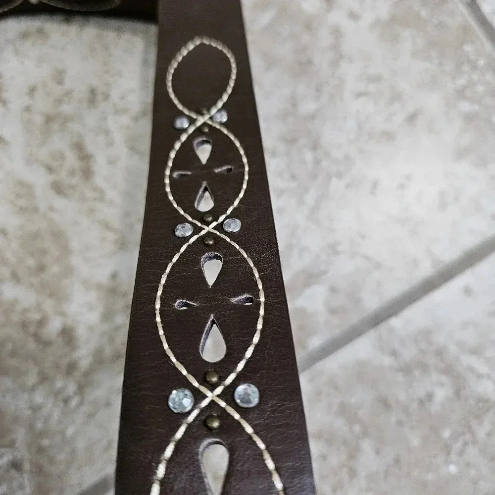 LULU NYC Womens Brown Western Cowgirl Belt Faux Leather Rhinestone Stitching Y2K - Picture 4 of 6